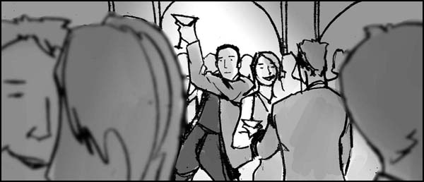 Grayscale storyboard frame of a man winding through a crowd trying not to spill his drink.