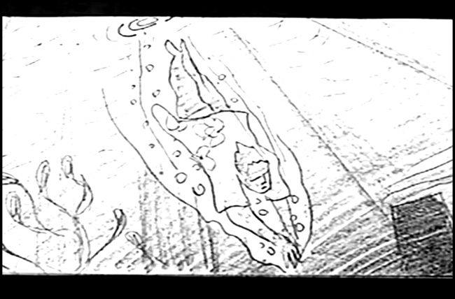Chain of Fools movie bridge scene storyboard frame. Man on the bridge, diving into river after other man.
