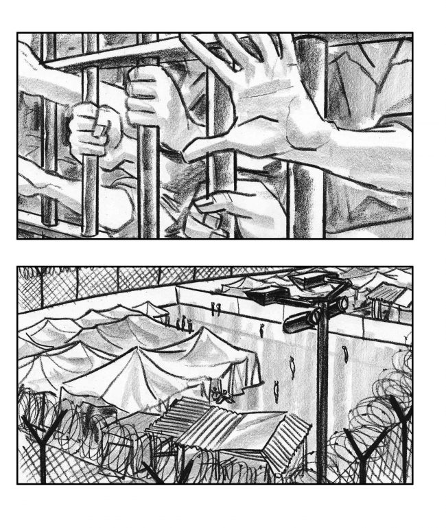 Monochrome storyboard frames for the movie Ghost Town, the Hebron Story, narrated by Martin Sheen.ryboard frames for the movie Ghost Town, the Hebron Story, narrated by Martin Sheen.
