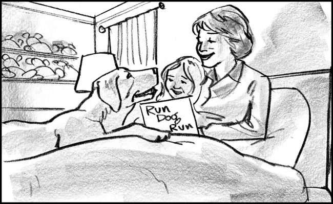 Black and white storyboard frame of labrador dog with mother and daughter on bed