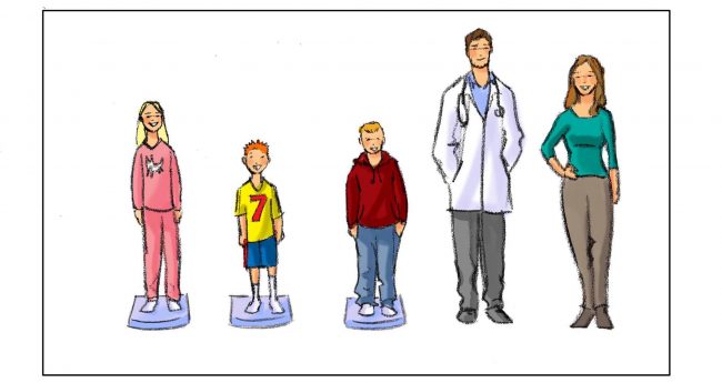 Color storyboard frame of 3 kids, a woman and a doctor all lined up on a white seamless sound stage