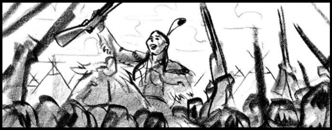 Black and white movie storyboard frame from Woman walks ahead, call to arms from Sitting Bull.