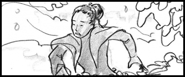 Movie storyboard frame in black and white of woman struggling in the snow