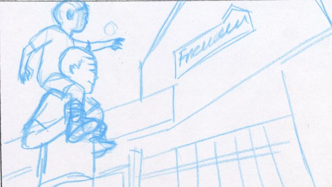 Dad and son enter hardware store, drawn loose and rough for preliminary sketch