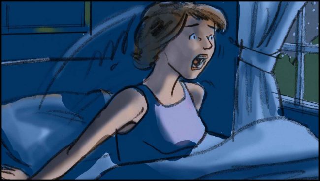 Woman waking up with a start from a bad dream, color storyboard frame.