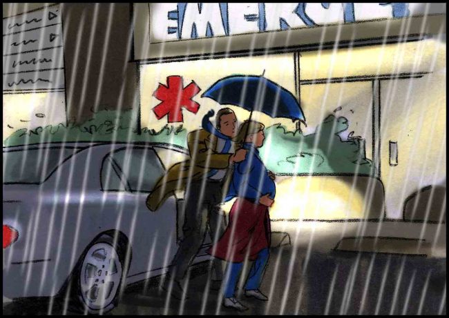 Color storyboard frame of couple leaving car at hospital emergency room at night in the rain.