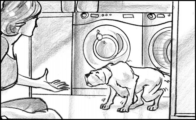 Black and white storyboard frame of labrador dog unable to walk properly