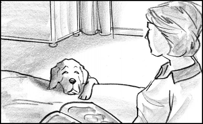 Black and white storyboard frame of labrador dog unable to get onto bed