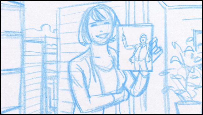 Woman holding up photo of conductor, storyboard frame rough.