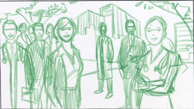 Doctors standing outside hospital sketched loose for a rough drawing