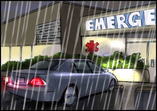Color storyboard frame of car arriving at hospital emergency room at night in the rain.