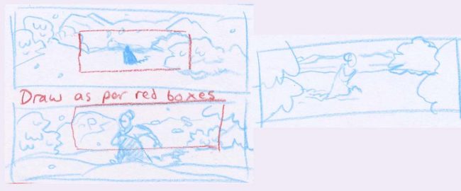 Some thumbnails of the snowy part of the story drawn next to the director and DP