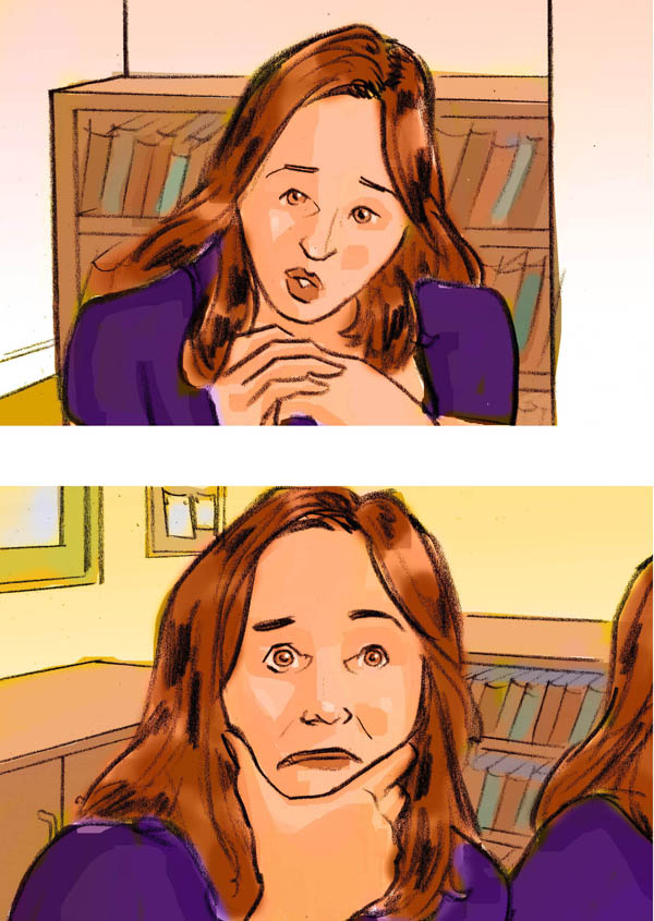 Color storyboard frame of a woman's expression pulling odd faces.