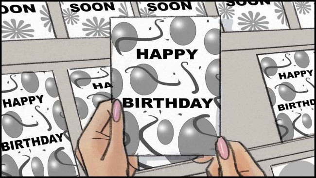 Color storyboard frame of boring birthday card.