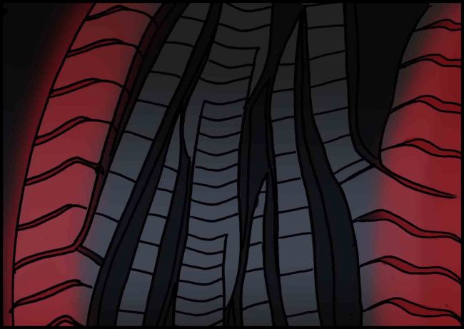 Color storyboard frame of close up of car tire tread with visual effects.