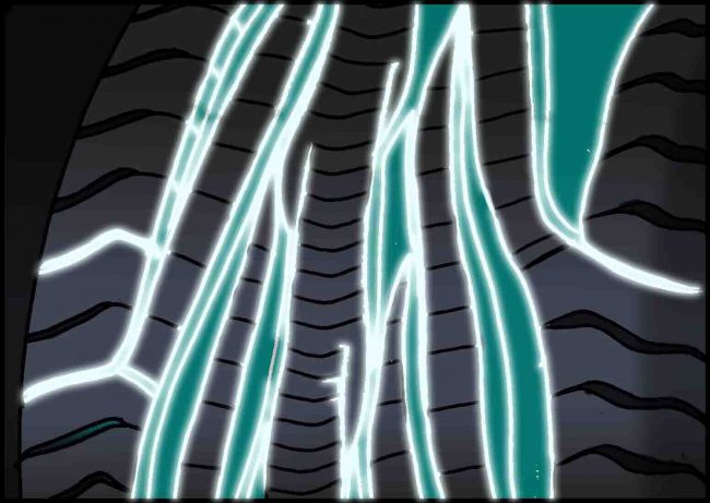 Color storyboard frame of close up of car tire tread with visual effects.