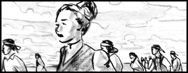 Black and white movie storyboard frame from Woman walks ahead, pivot and crane move