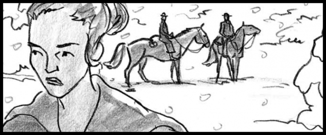 Movie storyboard frame in black and white of woman leaving men on horses, in the snow