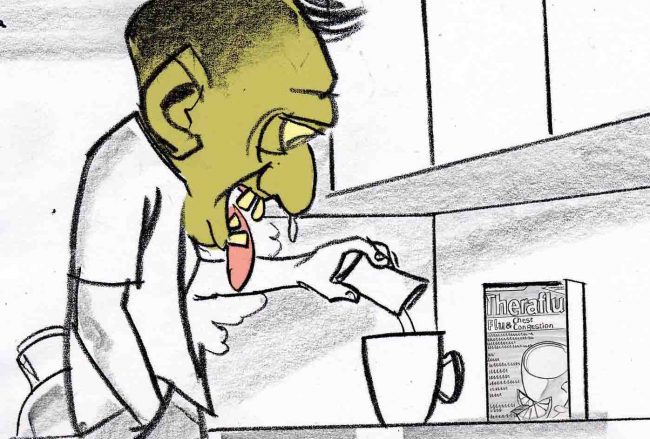 Spot color storyboard frame of man with a horrible cold with a big ugly head, profile medium shot pouring product into mug.