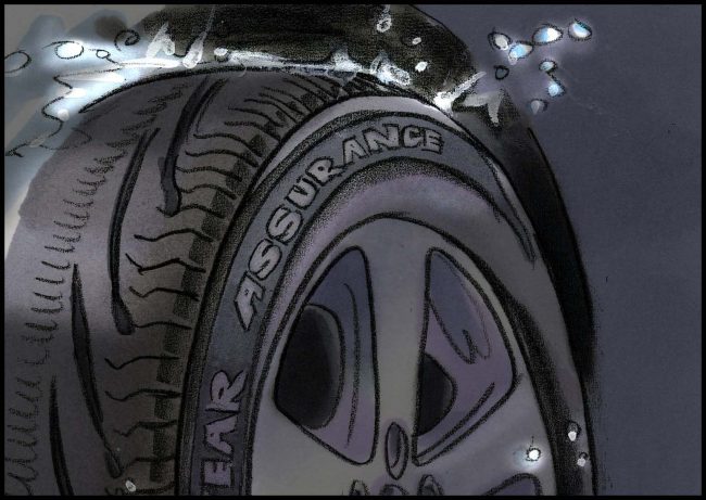 Color storyboard frame of car tire shedding water.