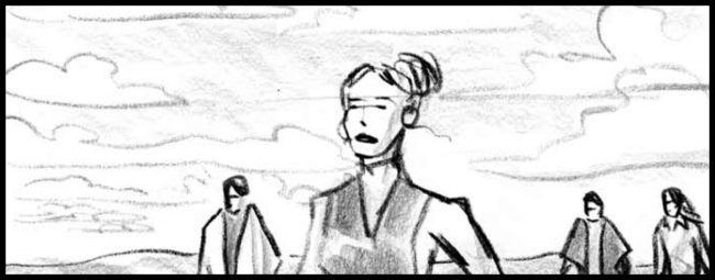 Black and white movie storyboard frame from Woman walks ahead, pivot and crane move