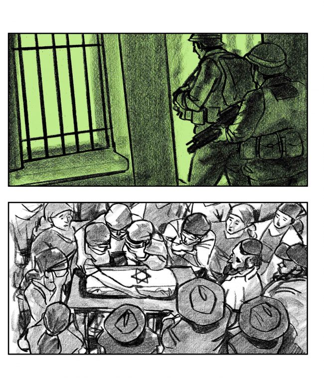 Spot color storyboard frames for the movie Ghost Town, the Hebron Story, narrated by Martin Sheen.