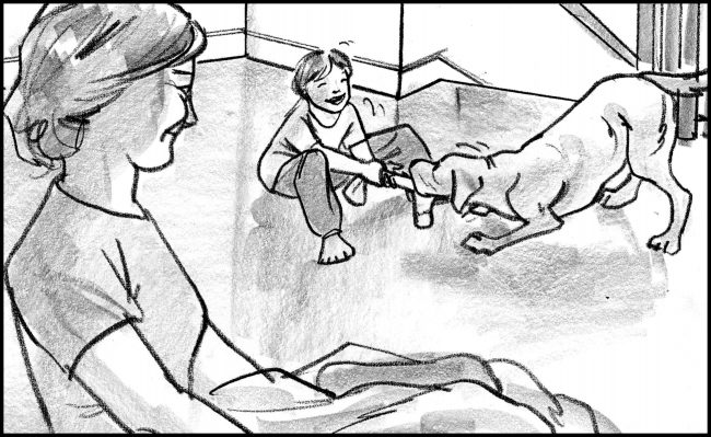 Black and white storyboard frame of labrador dog playing tug of war with boy and sock