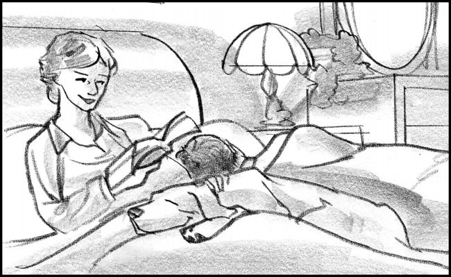 Black and white storyboard frame of labrador dog sleeping on owner's bed