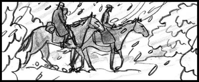 Movie storyboard frame in black and white of people on horses carrying woman away