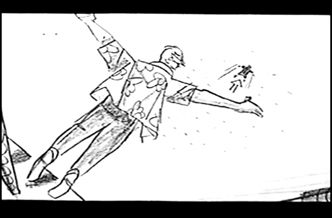 Chain of Fools movie bridge scene storyboard frame. Man on the bridge, diving into river after other man.