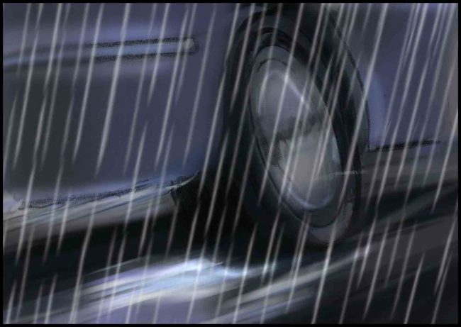 Color storyboard frame of car wheel driving through rain at night. Running shot.