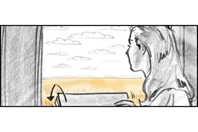 Catherine Weldon in her sleeper car on a train, sketching