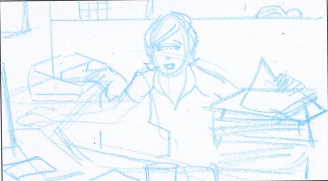 Storyboard rough frame of a woman looking stressed out in the office