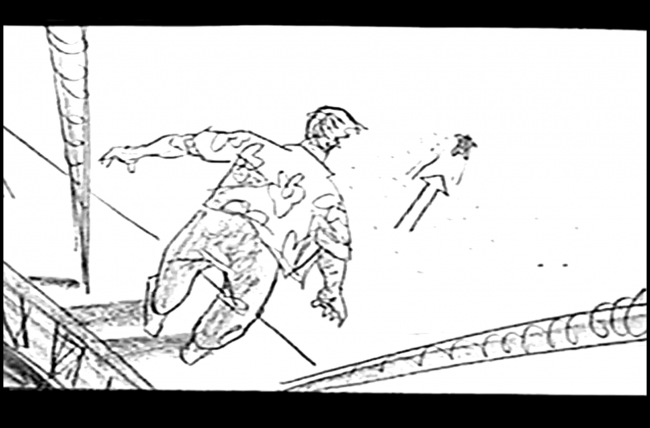 Chain of Fools movie bridge scene storyboard frame. Man on the bridge, about to jump into river after other man.