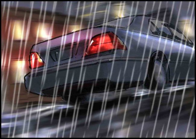 Color storyboard frame of car driving through rain at night. Running shot.