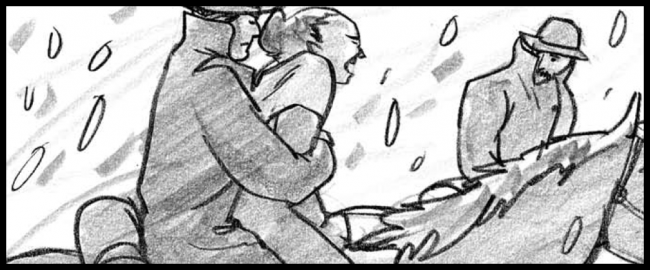 Movie storyboard frame in black and white of people on horses carrying woman away