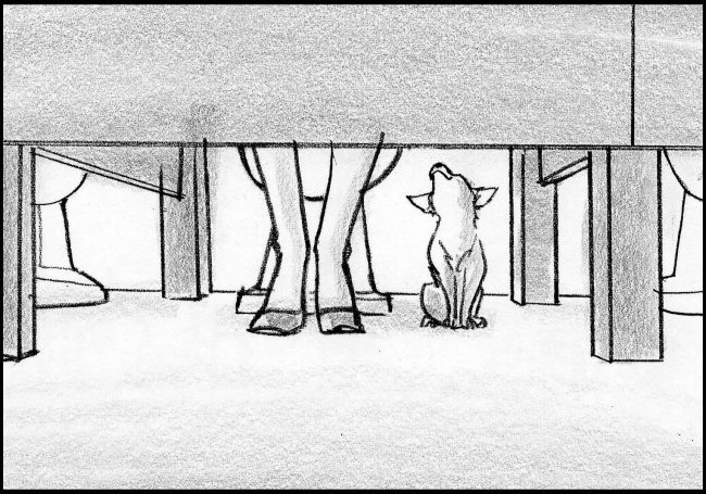 Black and white storyboard frame of woman and Chihauhau dog in a bathroom stall.