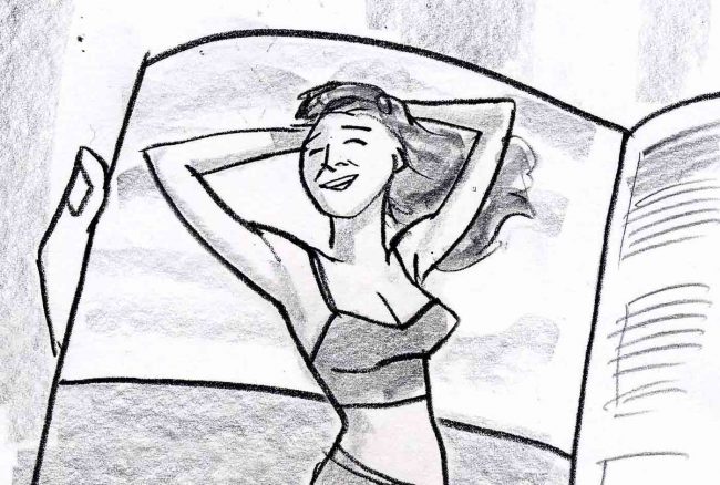 Black and white storyboard frame of a photo of a woman in a magazine in a bathing suit.