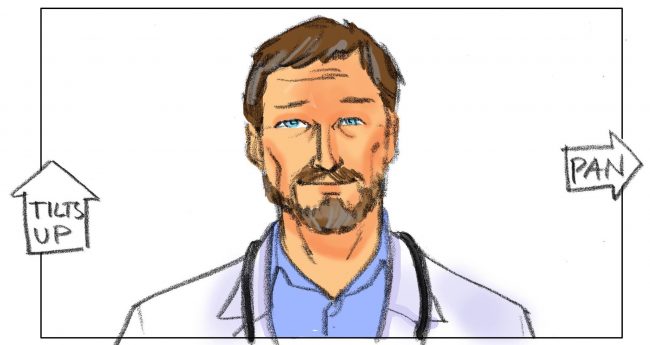 Storyboard frame of a doctor on a white seamless background.