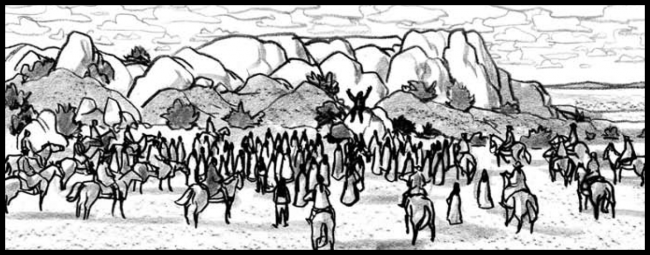 Black and white movie storyboard frame from Woman walks ahead, medium gathering