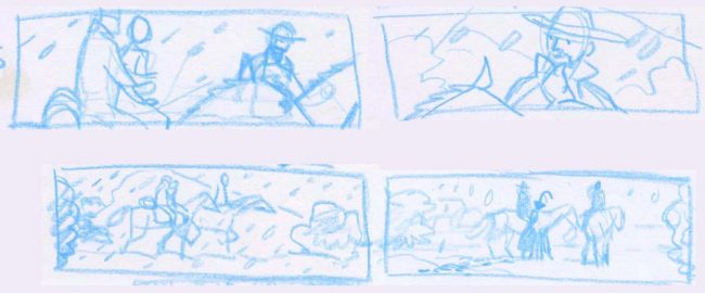 Some thumbnails of the kidnap part of the story drawn next to the director and DP