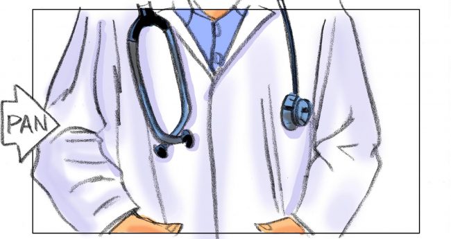 Storyboard frame of a doctor on a white seamless background.