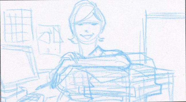 Storyboard rough of a woman smiling to camera and talking