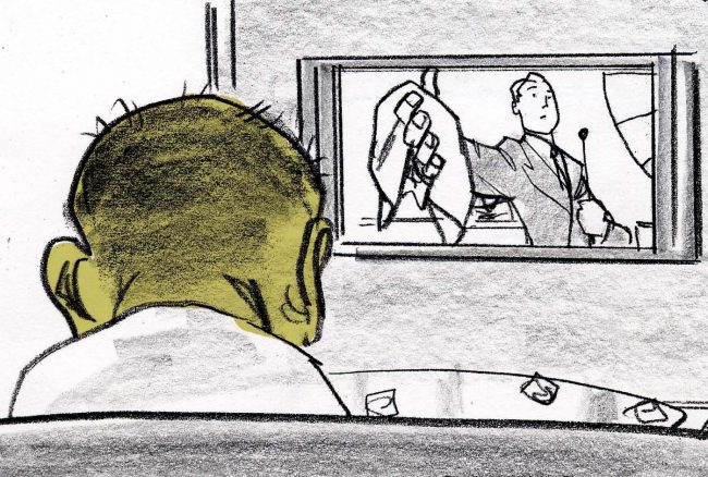 Spot color storyboard frame of man with a horrible cold with a big ugly head, OTS to tv, guy on tv hands him a handkerchief.