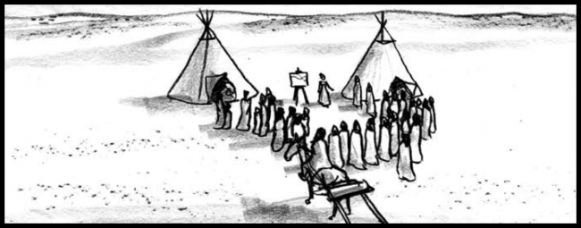 Black and white movie storyboard frame from Woman walks ahead, small gathering