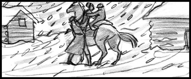 Movie storyboard frame in black and white of woman in snow being put on horse