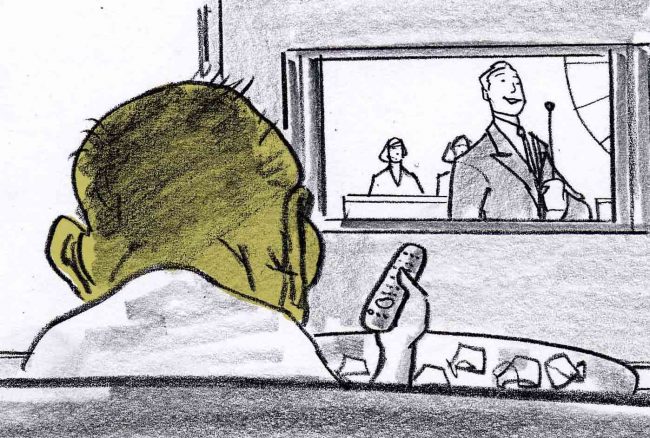 Spot color storyboard frame of man with a horrible cold with a big ugly head, OTS to tv.