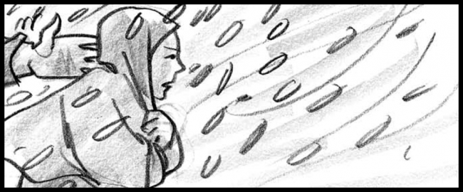 Movie storyboard frame in black and white of woman in snow