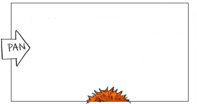 Color storyboard frame of the top of someone's head against a white seamless background.
