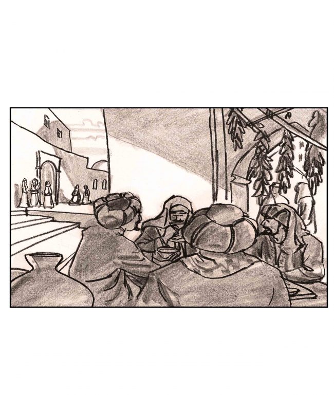 Monochrome storyboard frames for the movie Ghost Town, the Hebron Story, narrated by Martin Sheen.